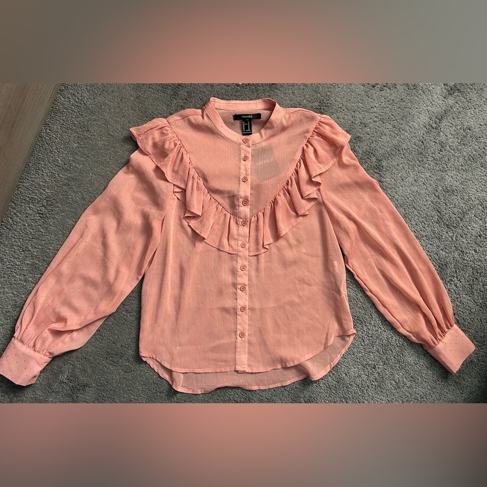 Forever 21 Salmon-Pink Chiffon Ruffled Button Down Blouse